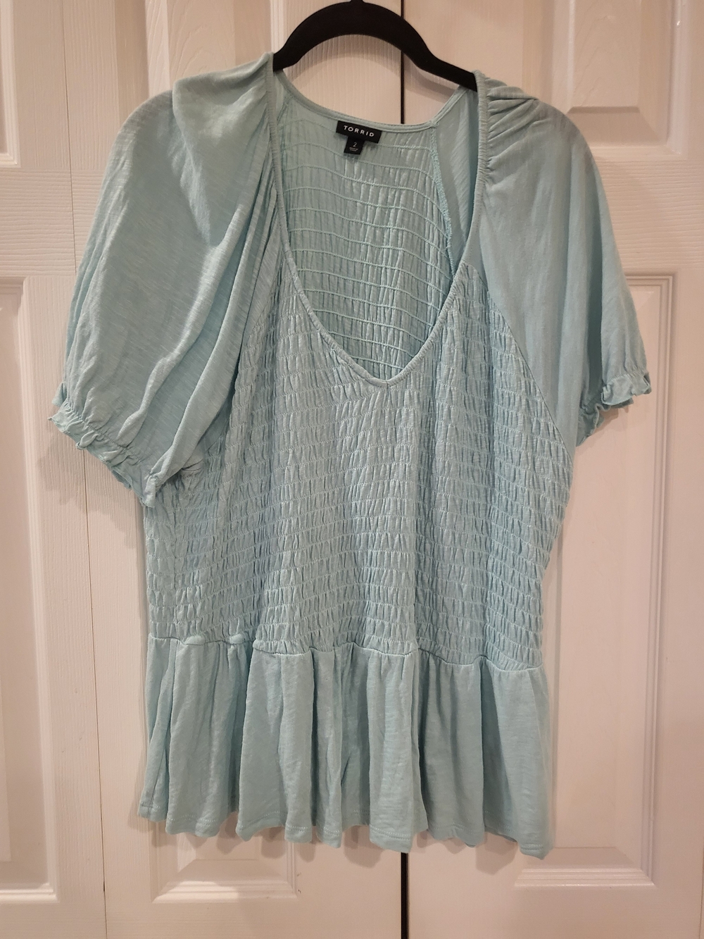 Torrid Smocked Bodice Puff Sleeve Babydoll Slub Knit Top Aqua Blue